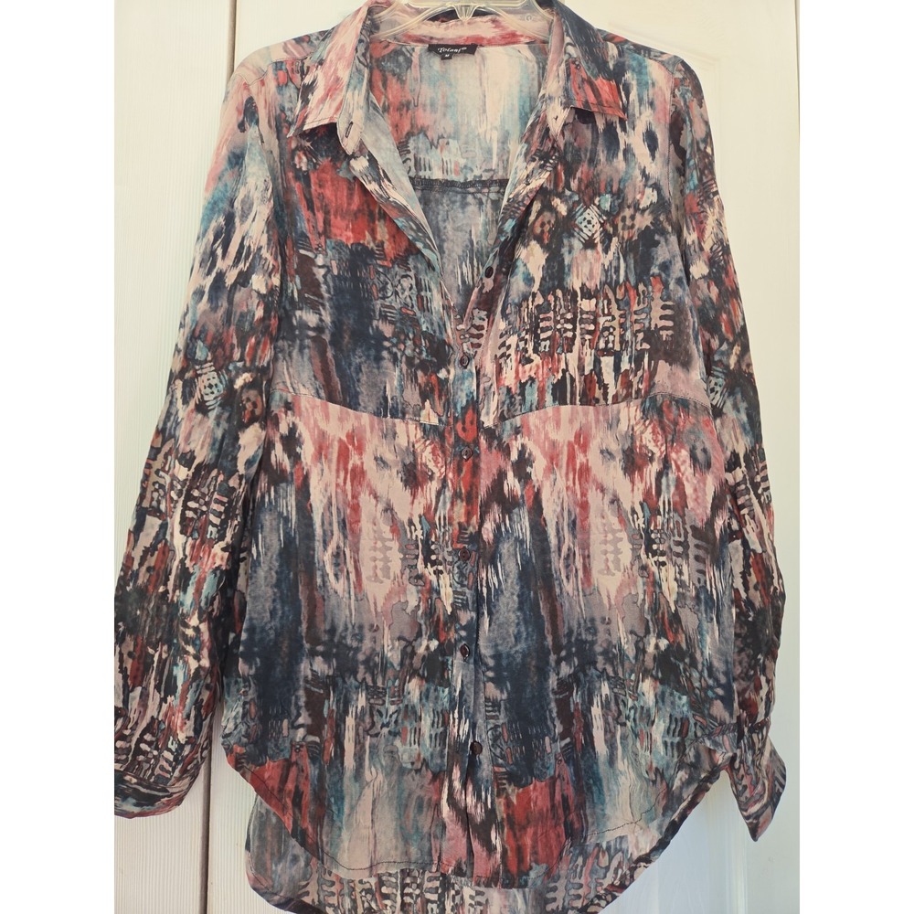 TOLANI Women Medium Top Silk Embroidered Button Up Boho Abstract Print